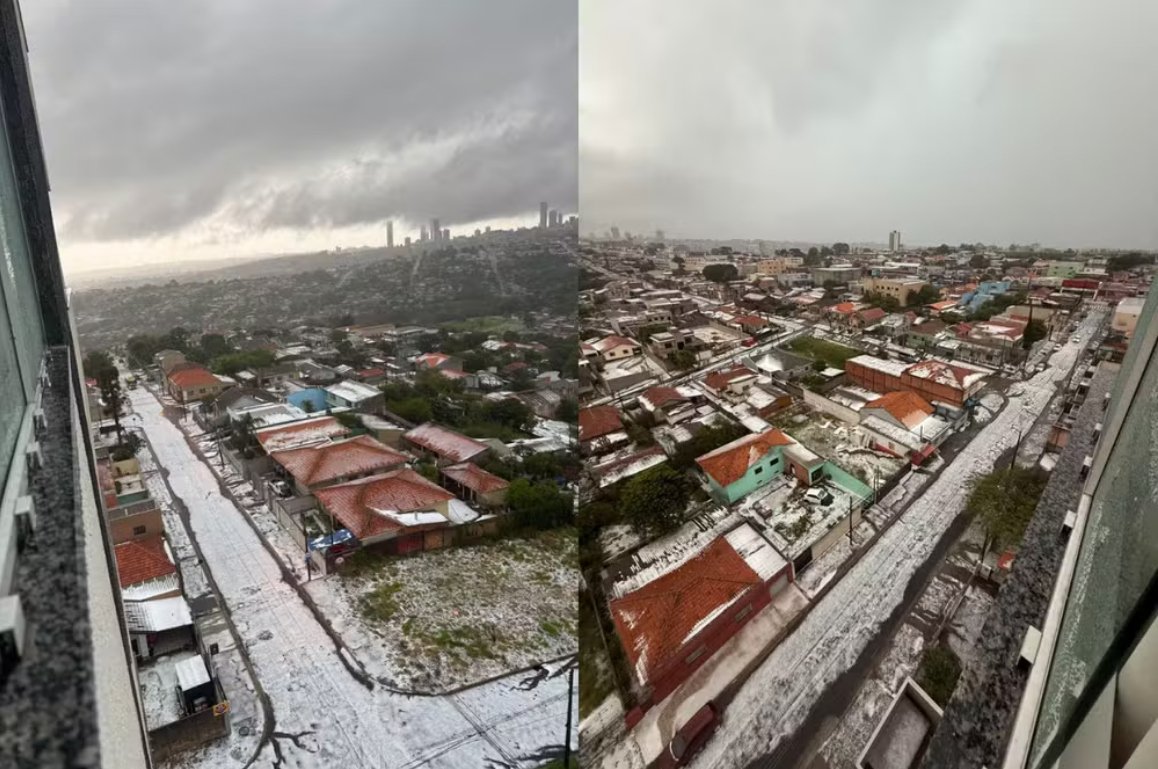 Temporal com granizo deixa ruas, telhados e plantações de cidade do PR parecendo cobertas por neve.