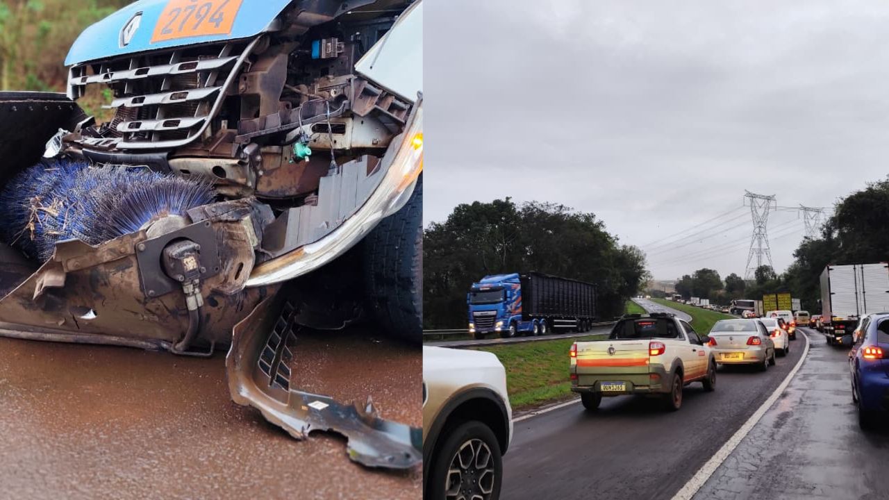 Peça cai de caminhão, atinge dois veículos e deixa BR-163 interditada em Cascavel.