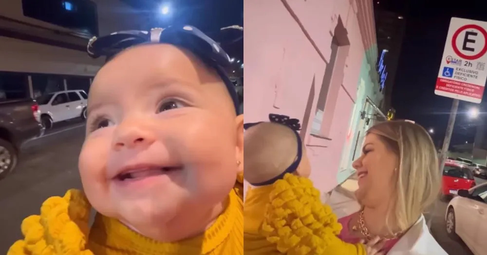 Bebê cai na gargalhada ao ver placas de trânsito e viraliza.