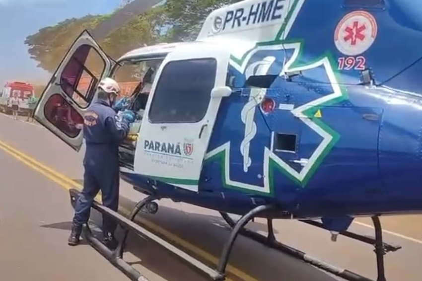 Mulher fica gravemente ferida após capotamento na BR-369 em Corbélia; helicóptero do SAMU precisou ser acionado.