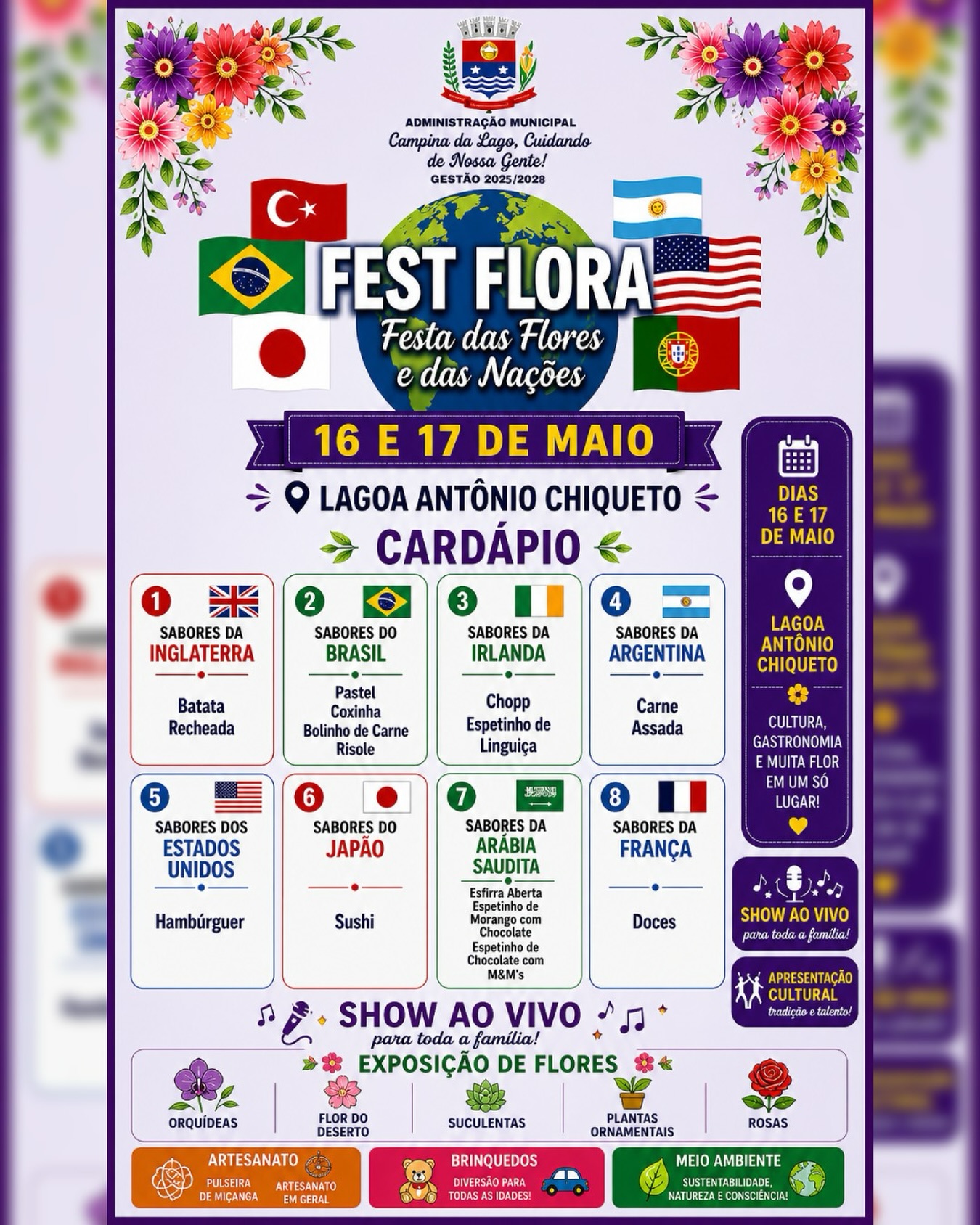 Campina da Lagoa realiza “Fest Flora” com gastronomia internacional, flores e atrações culturais.