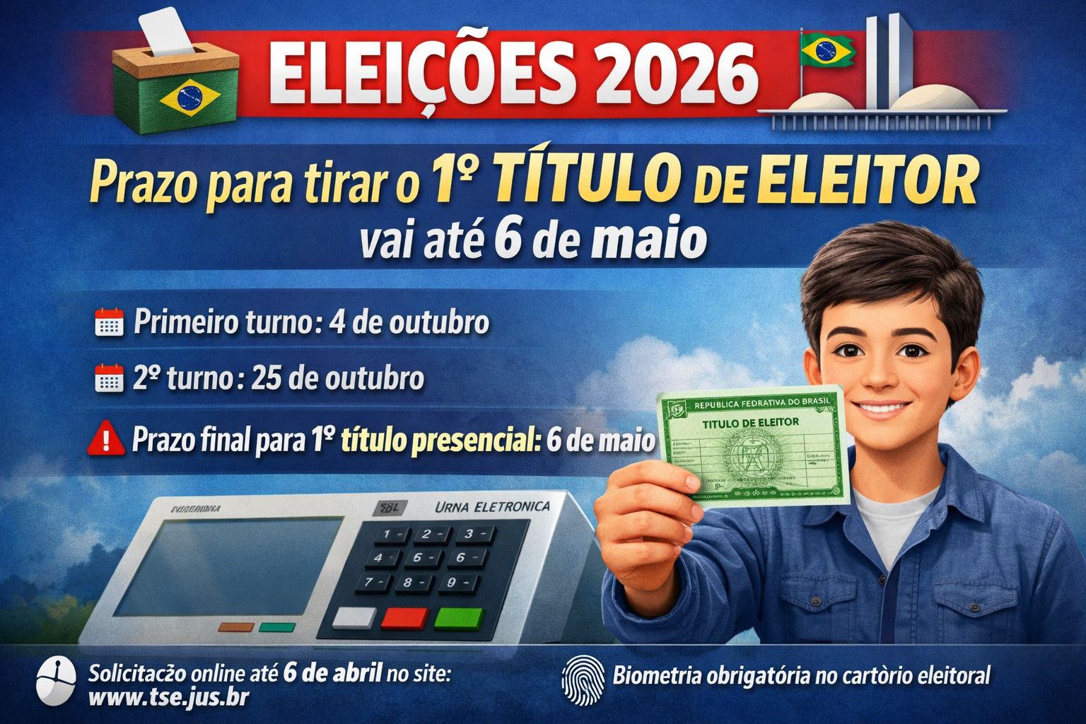 Prazo para tirar o 1º título de eleitor vai até 6 de maio.
